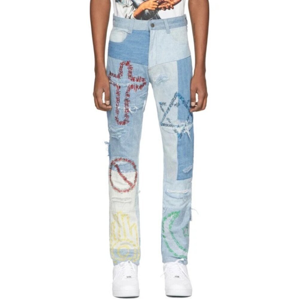 Who Decides War by MRDR BRVDO Unified Embroidered Jeans 30 Mens Blue $675